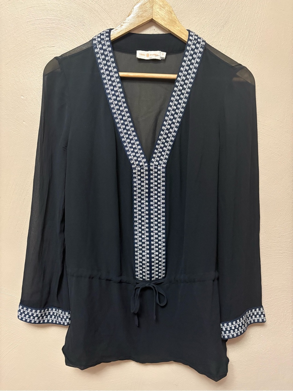Tory Burch Silk Tunic Blouse Black Embroidered Size 8